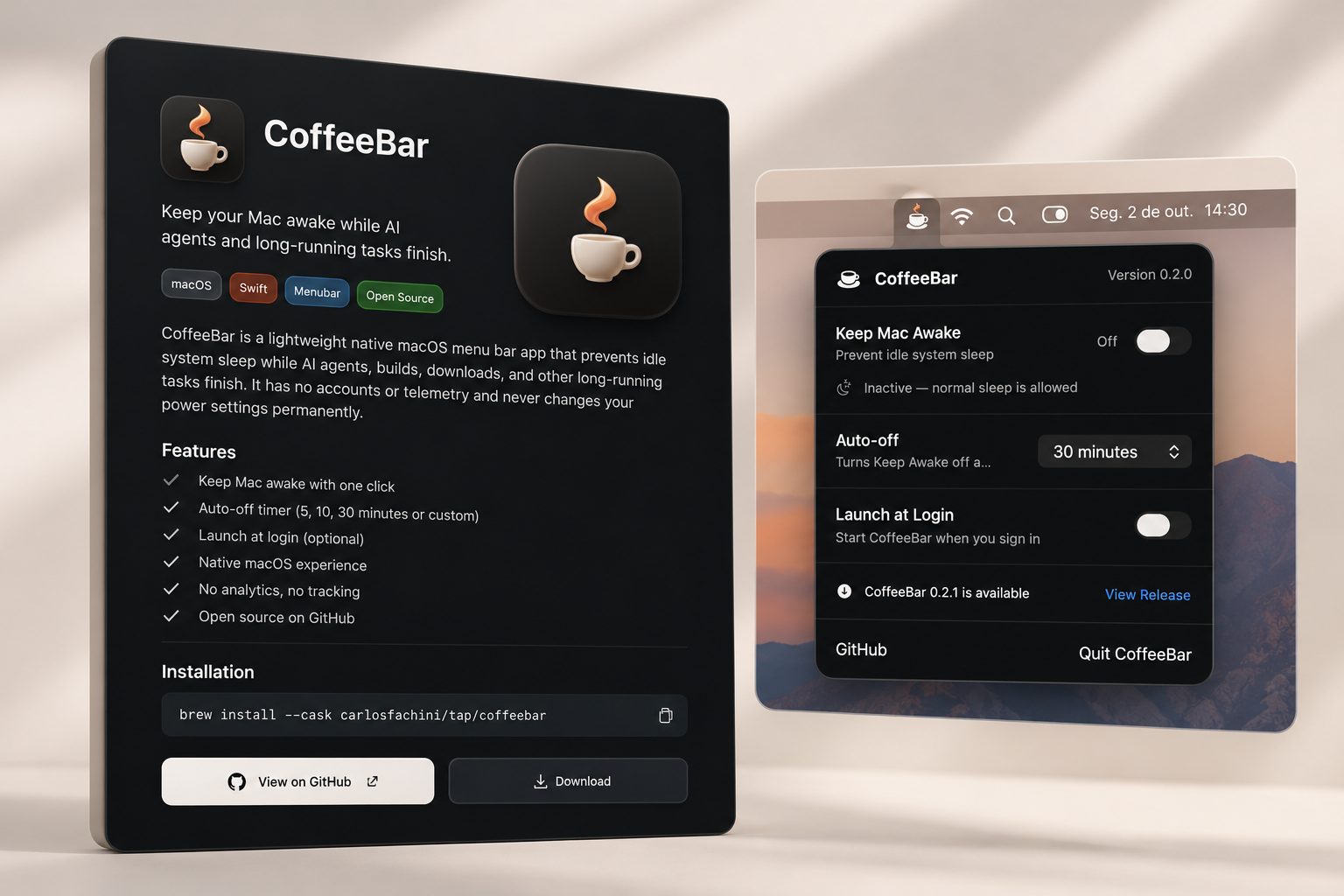 CoffeeBar: página do projeto, com descrição, recursos e instalação por Homebrew, ao lado do menu do app na barra de menus do Mac