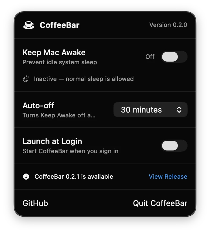 Menu do Coffee Bar na barra de menus do Mac: chave Keep Mac Awake desligada, desligamento automático em 30 minutos e opção de abrir no login