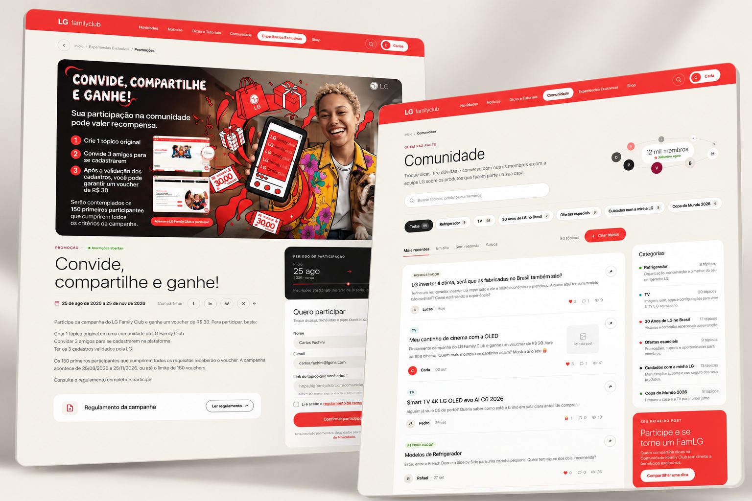 Portal Family Club: página de promoção Convide, compartilhe e ganhe, com regulamento e formulário, ao lado da página Comunidade, com tópicos, categorias e membros