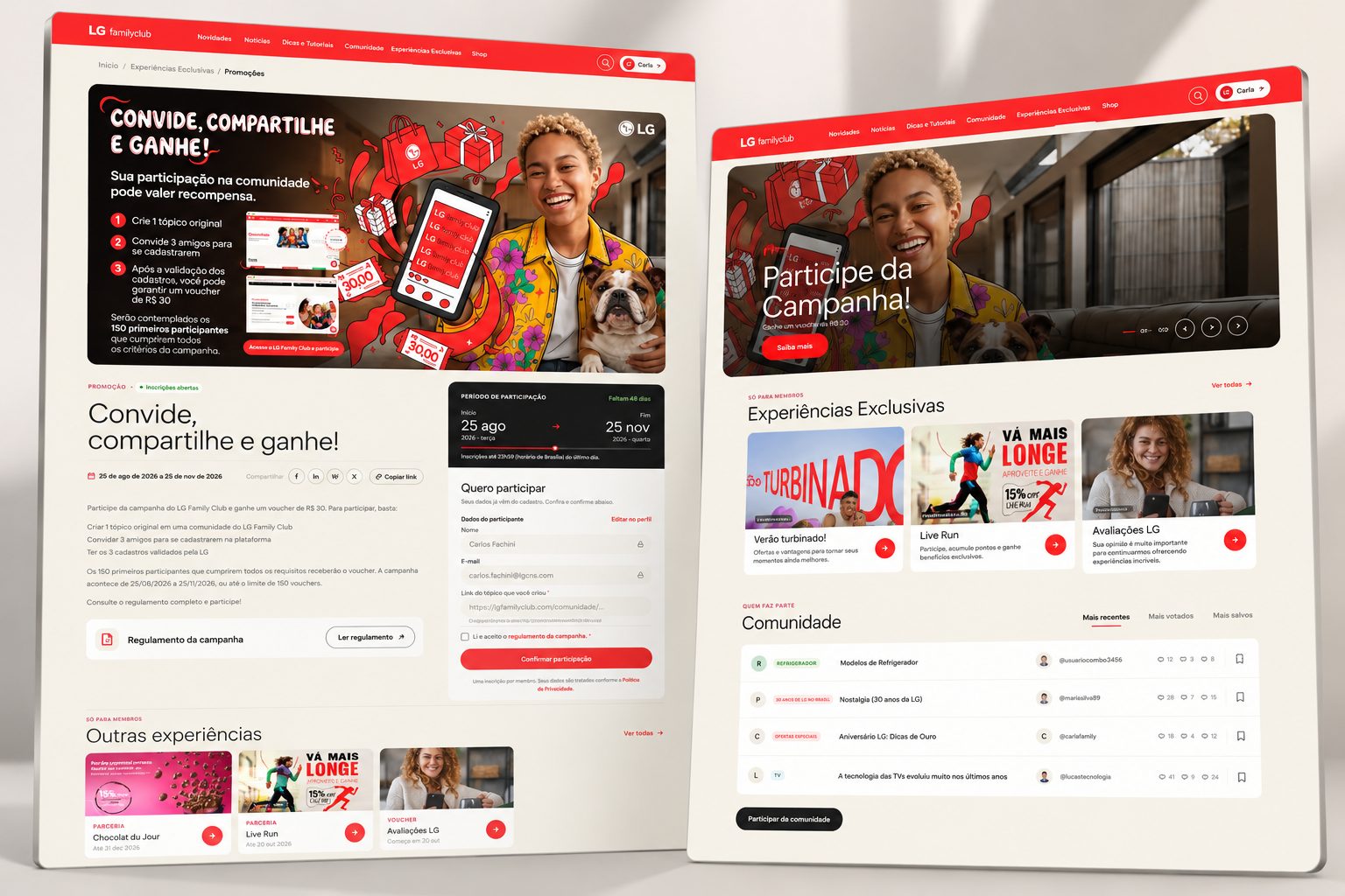 Portal Family Club: página inicial com a campanha Participe da Campanha, experiências exclusivas e a comunidade, ao lado da página de uma promoção com regulamento e formulário de participação