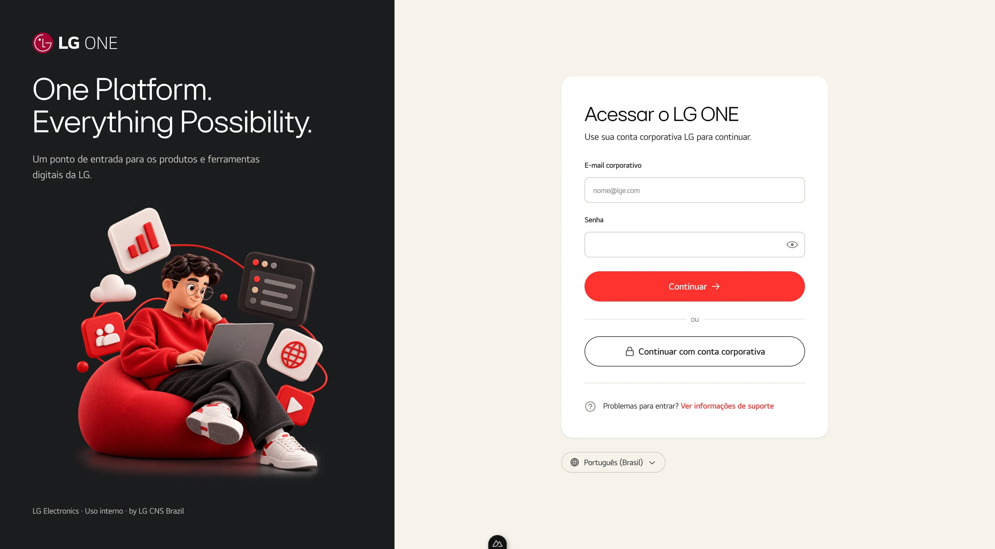 Conceito de tela de entrada do LG One: painel escuro com a frase One Platform. Everything Possibility. e, ao lado, o formulário de login com e-mail corporativo, senha e entrada com Active Directory