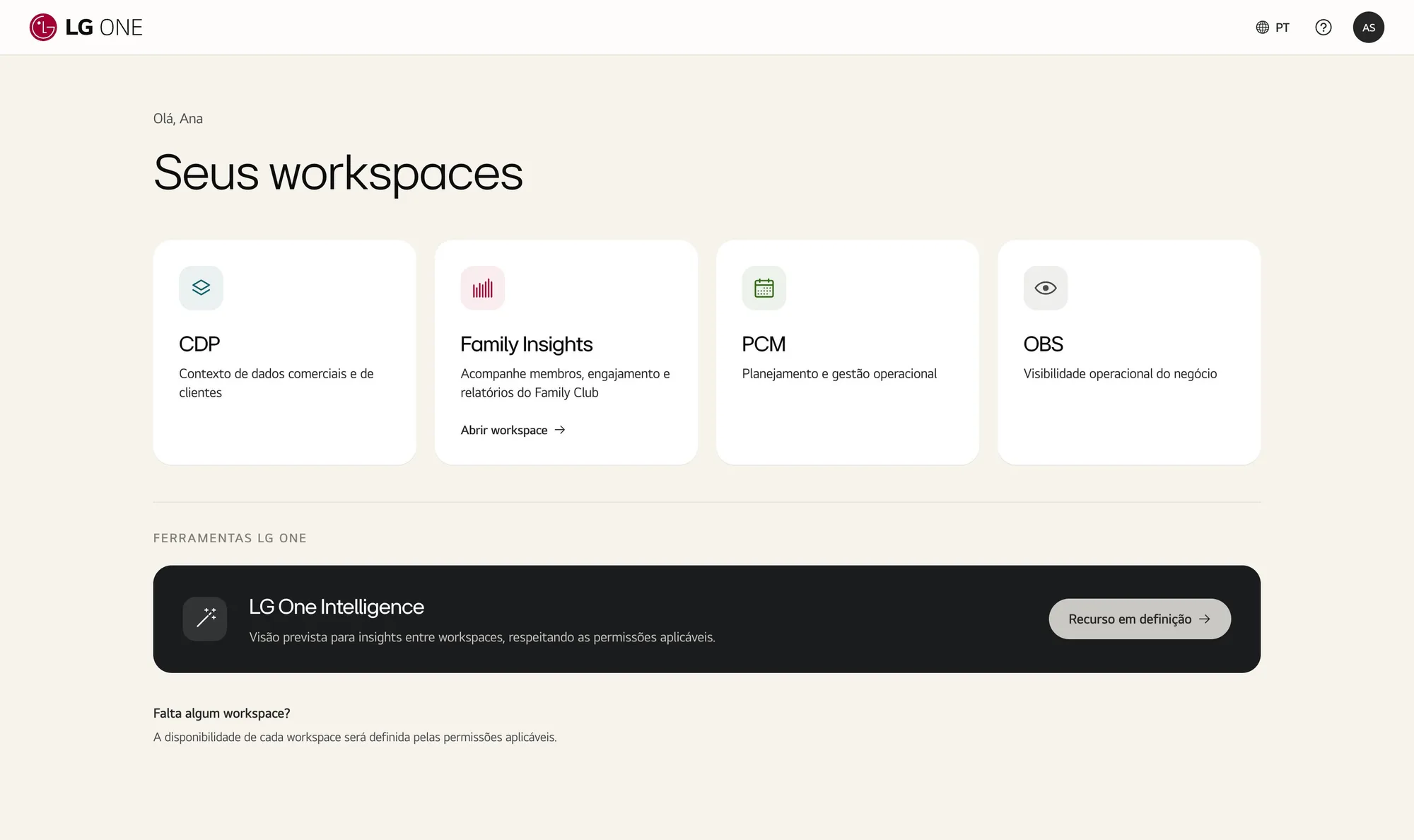 Conceito de tela inicial do LG One: título Seus workspaces, quatro cartões de workspaces liberados para a pessoa e uma seção de ferramentas da plataforma