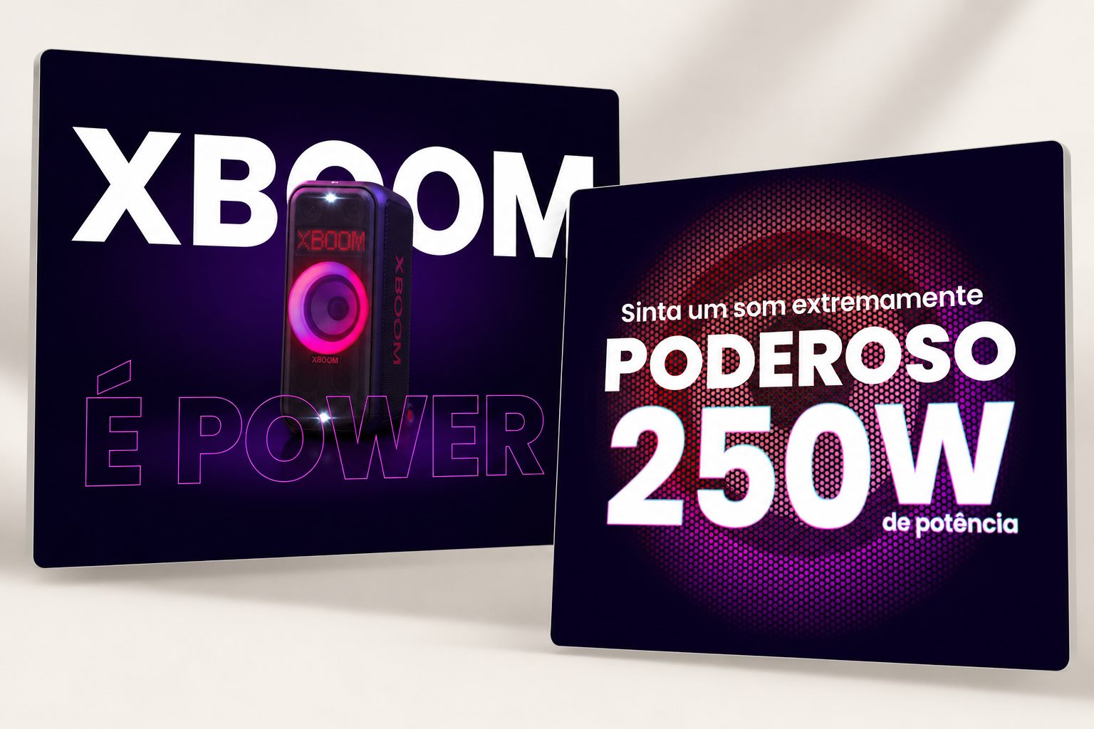 Landing page XBoom: abertura com o produto ao centro e, ao lado, uma seção de conteúdo em fundo escuro